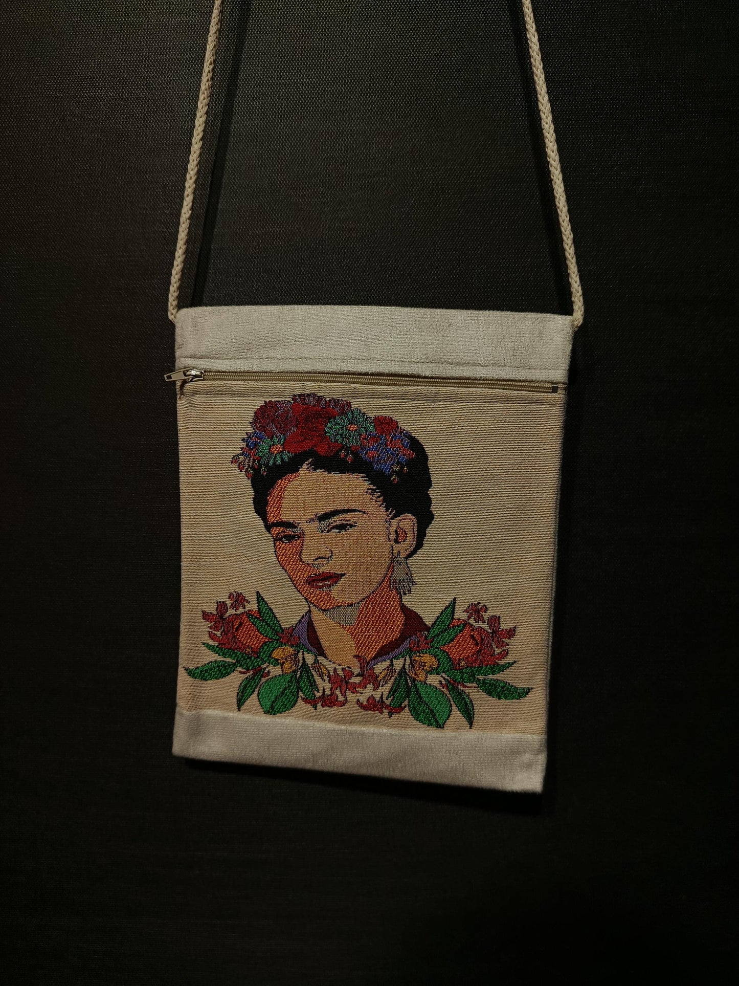 Frida Kahlo Floral Crossbody Bag – Embroidered Canvas Shoulder Bag, 8"x10" Handmade Art Purse