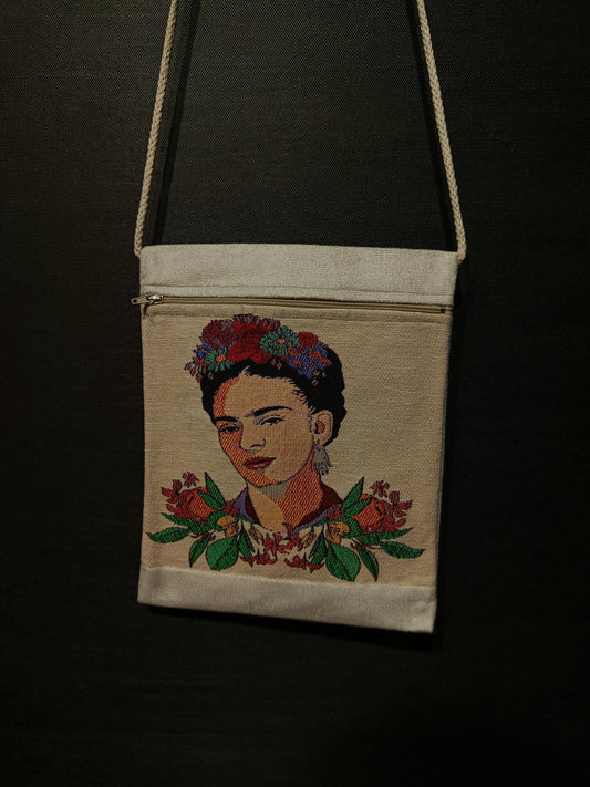 Frida Kahlo Floral Crossbody Bag – Embroidered Canvas Shoulder Bag, 8"x10" Handmade Art Purse