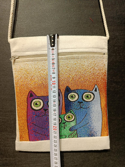 Cat Family Crossbody Bag: Handmade Canvas Shoulder Purse