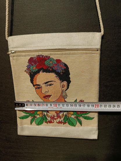 Frida Kahlo Floral Crossbody Bag – Embroidered Canvas Shoulder Bag, 8"x10" Handmade Art Purse