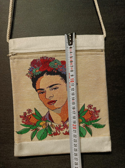 Frida Kahlo Floral Crossbody Bag – Embroidered Canvas Shoulder Bag, 8"x10" Handmade Art Purse