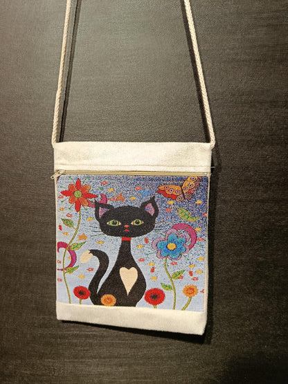 Black Cat Floral Crossbody Bag – Handmade Canvas Shoulder Purse