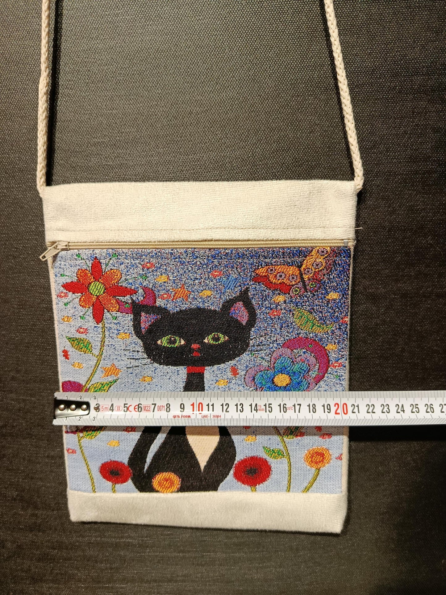 Black Cat Floral Crossbody Bag – Handmade Canvas Shoulder Purse