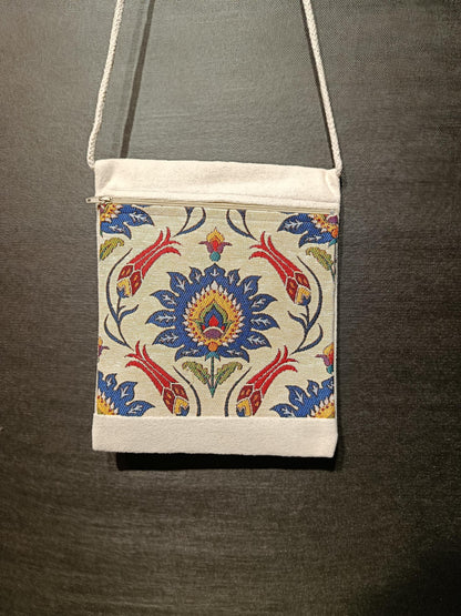 Ottoman Floral Crossbody Bag – Traditional Turkish Pattern Purse, Handmade 8"x10" Canvas Bag