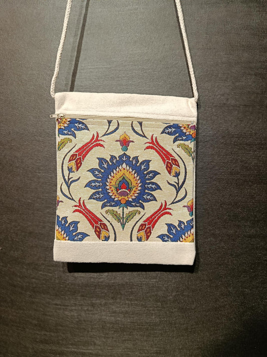 Ottoman Floral Crossbody Bag – Traditional Turkish Pattern Purse, Handmade 8"x10" Canvas Bag