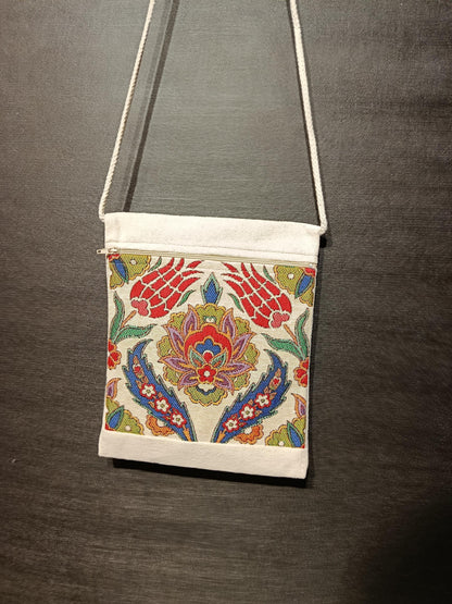 Turkish Floral Tapestry Crossbody Bag – Handmade Woven Canvas Shoulder Bag, 8"x10" Size