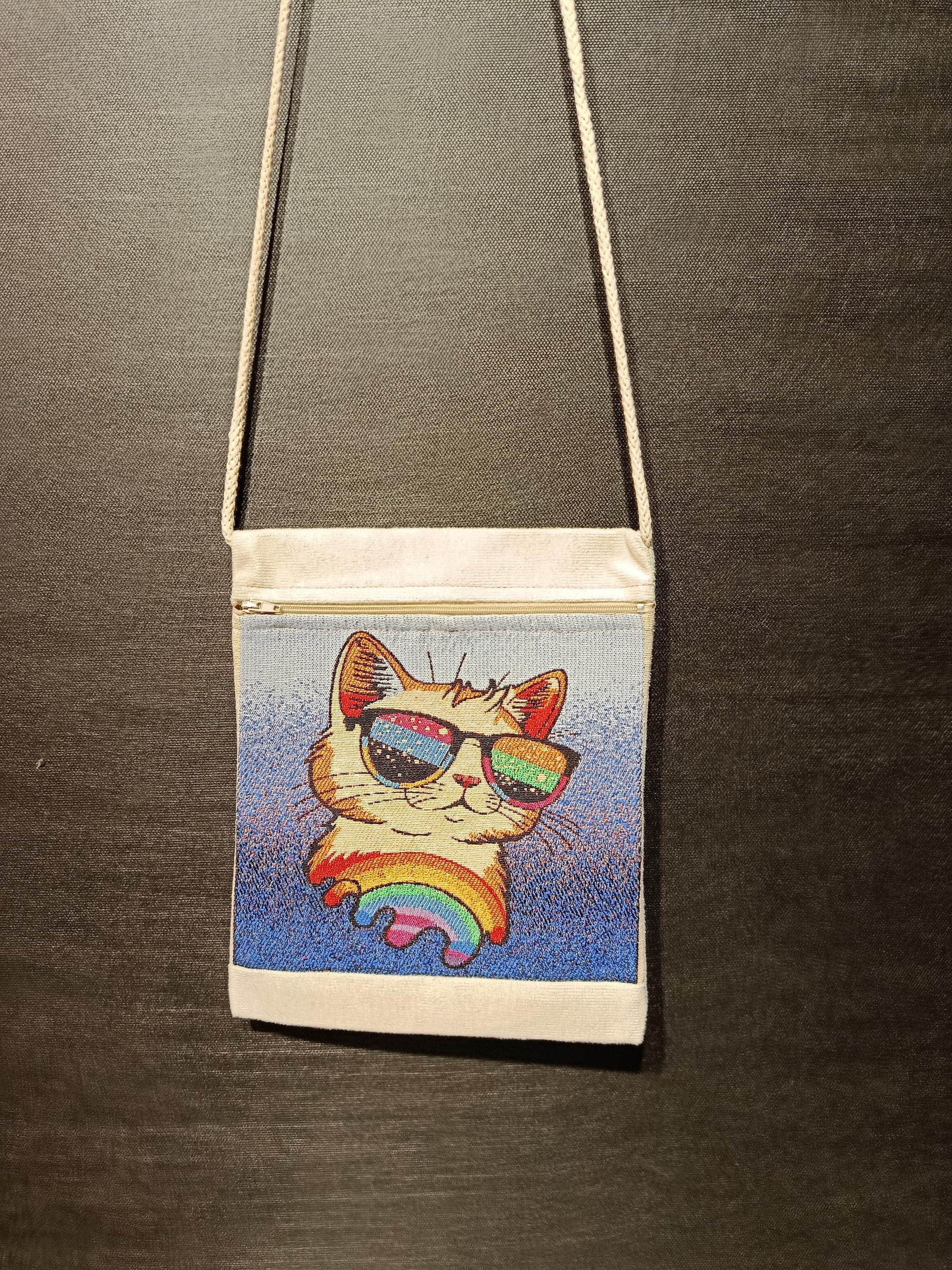 Rainbow Cat Tapestry Crossbody Bag – Sunglasses Kitty Purse, Handmade in Türkiye