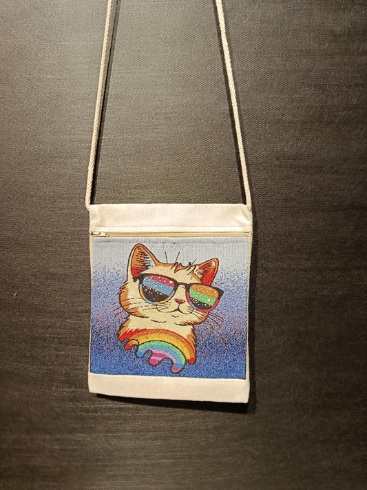 Rainbow Cat Tapestry Crossbody Bag – Sunglasses Kitty Purse, Handmade in Türkiye