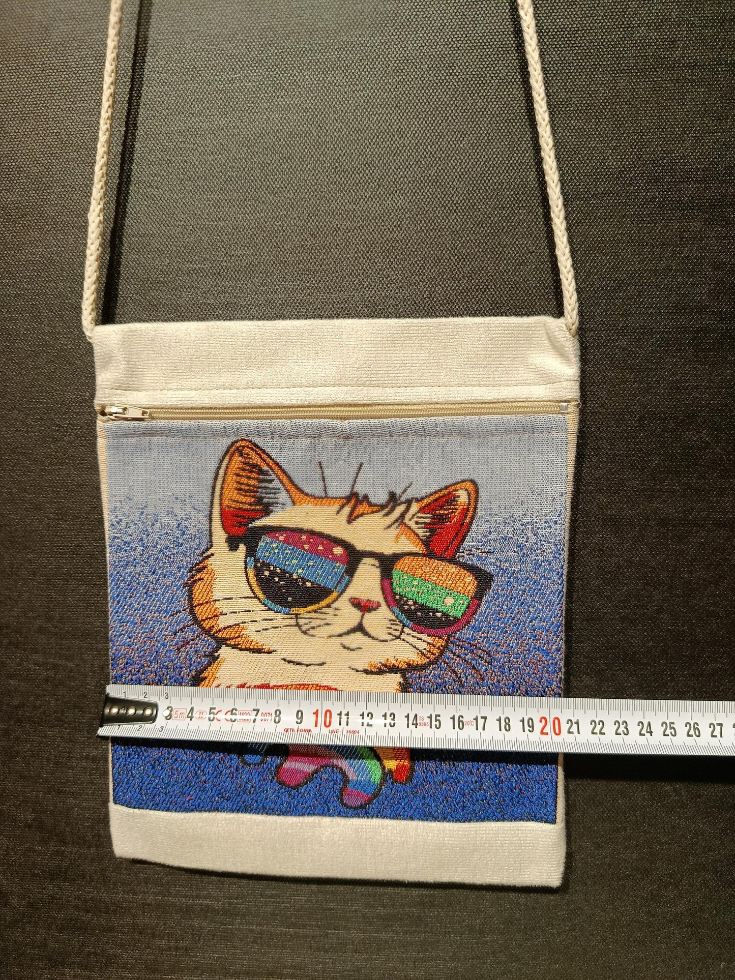 Rainbow Cat Tapestry Crossbody Bag – Sunglasses Kitty Purse, Handmade in Türkiye