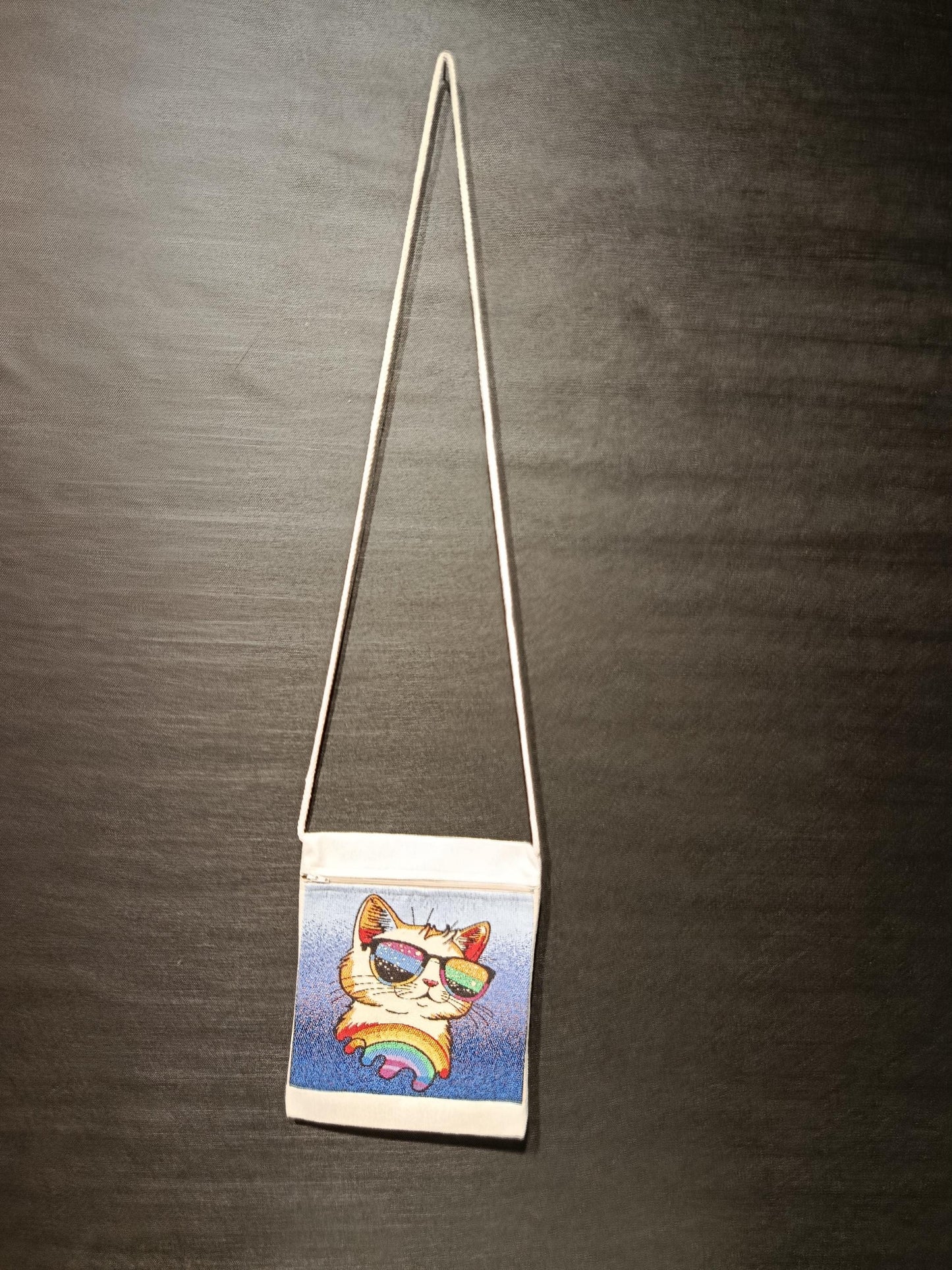 Rainbow Cat Tapestry Crossbody Bag – Sunglasses Kitty Purse, Handmade in Türkiye