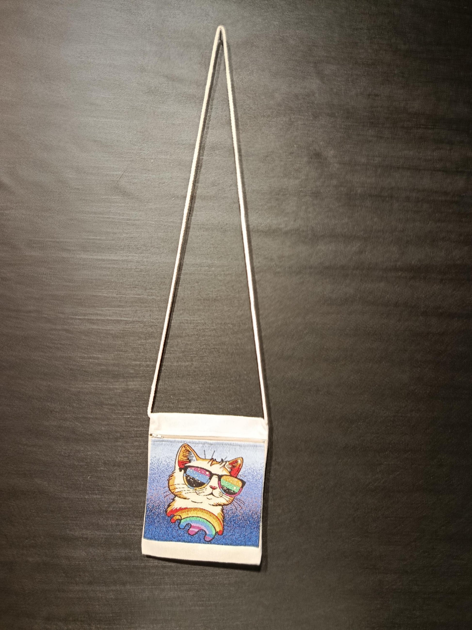 Rainbow Cat Tapestry Crossbody Bag – Sunglasses Kitty Purse, Handmade in Türkiye