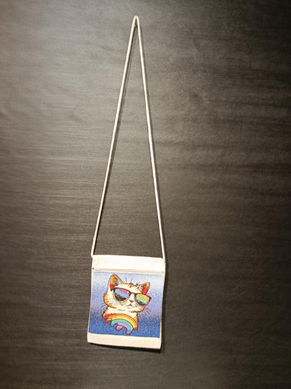 Rainbow Cat Tapestry Crossbody Bag – Sunglasses Kitty Purse, Handmade in Türkiye