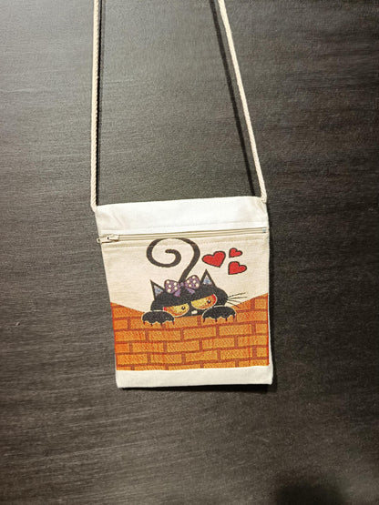 Black Cat Tapestry Crossbody Bag: Romantic Cartoon Design, Handmade in Türkiye