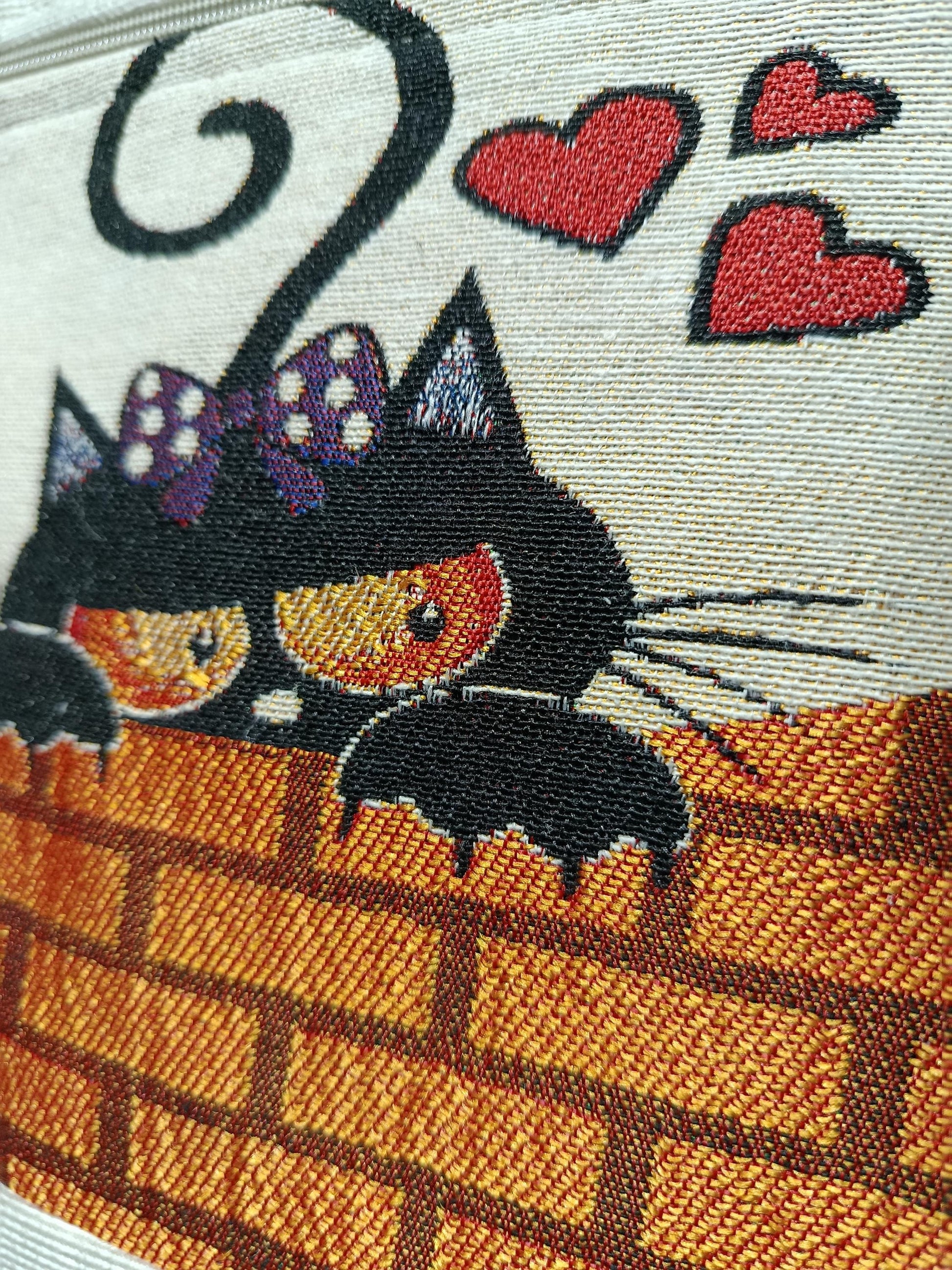 Black Cat Tapestry Crossbody Bag: Romantic Cartoon Design, Handmade in Türkiye