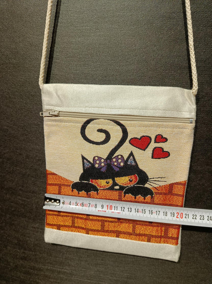 Black Cat Tapestry Crossbody Bag: Romantic Cartoon Design, Handmade in Türkiye