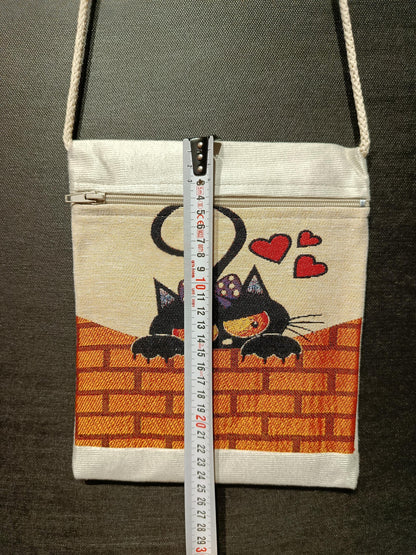 Black Cat Tapestry Crossbody Bag: Romantic Cartoon Design, Handmade in Türkiye