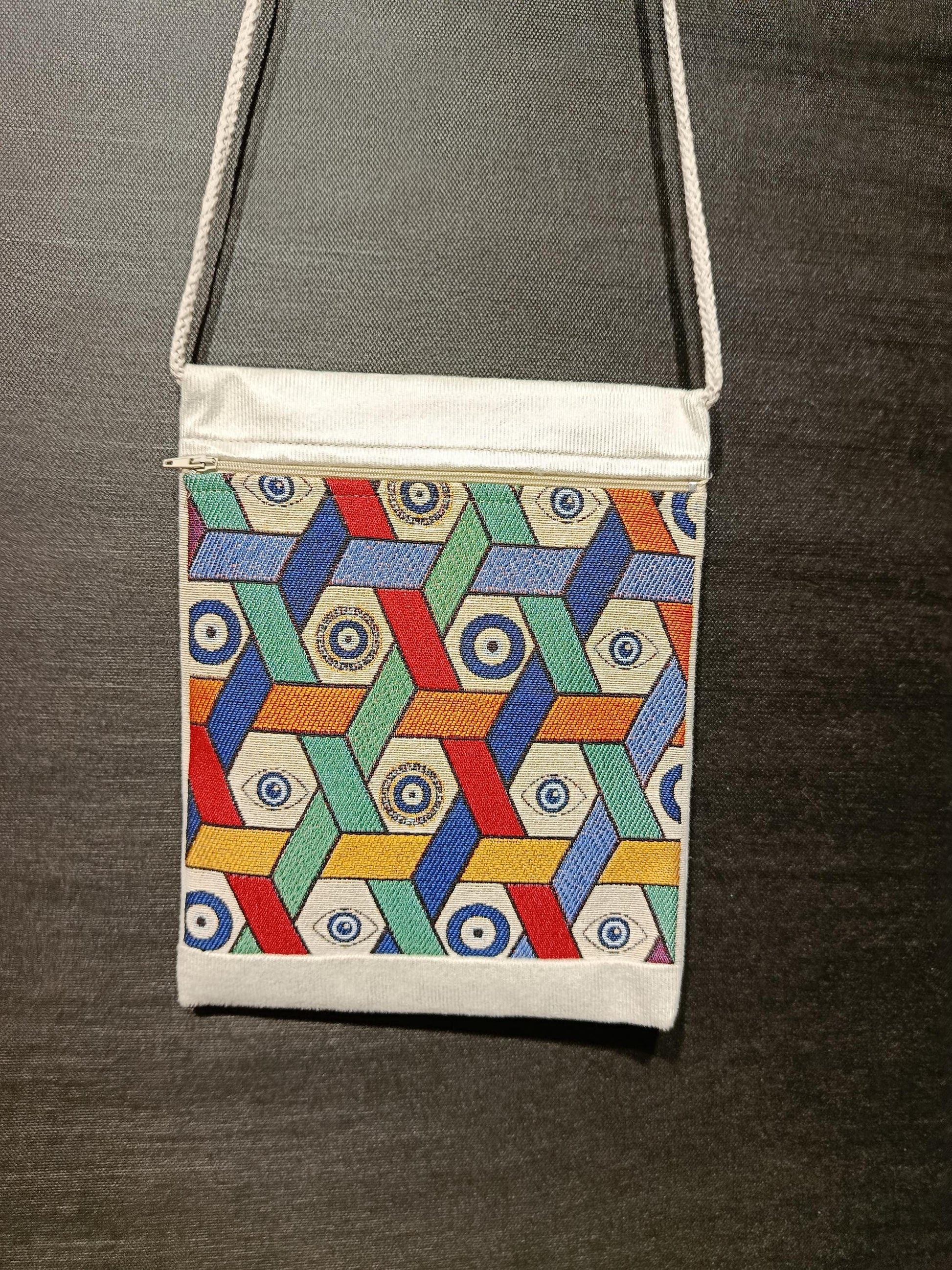 Handmade Turkish Tapestry Crossbody Bag – Geometric Evil Eye Amulet