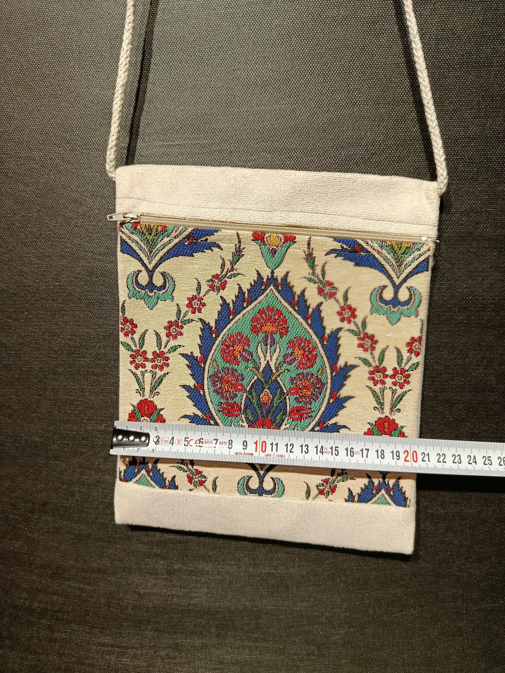 Turkish Floral Tapestry Bag – Handmade Ottoman Style Crossbody Purse, 8"x10", Red & Blue Pattern