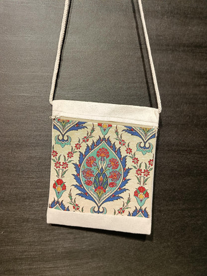 Turkish Floral Tapestry Bag – Handmade Ottoman Style Crossbody Purse, 8"x10", Red & Blue Pattern