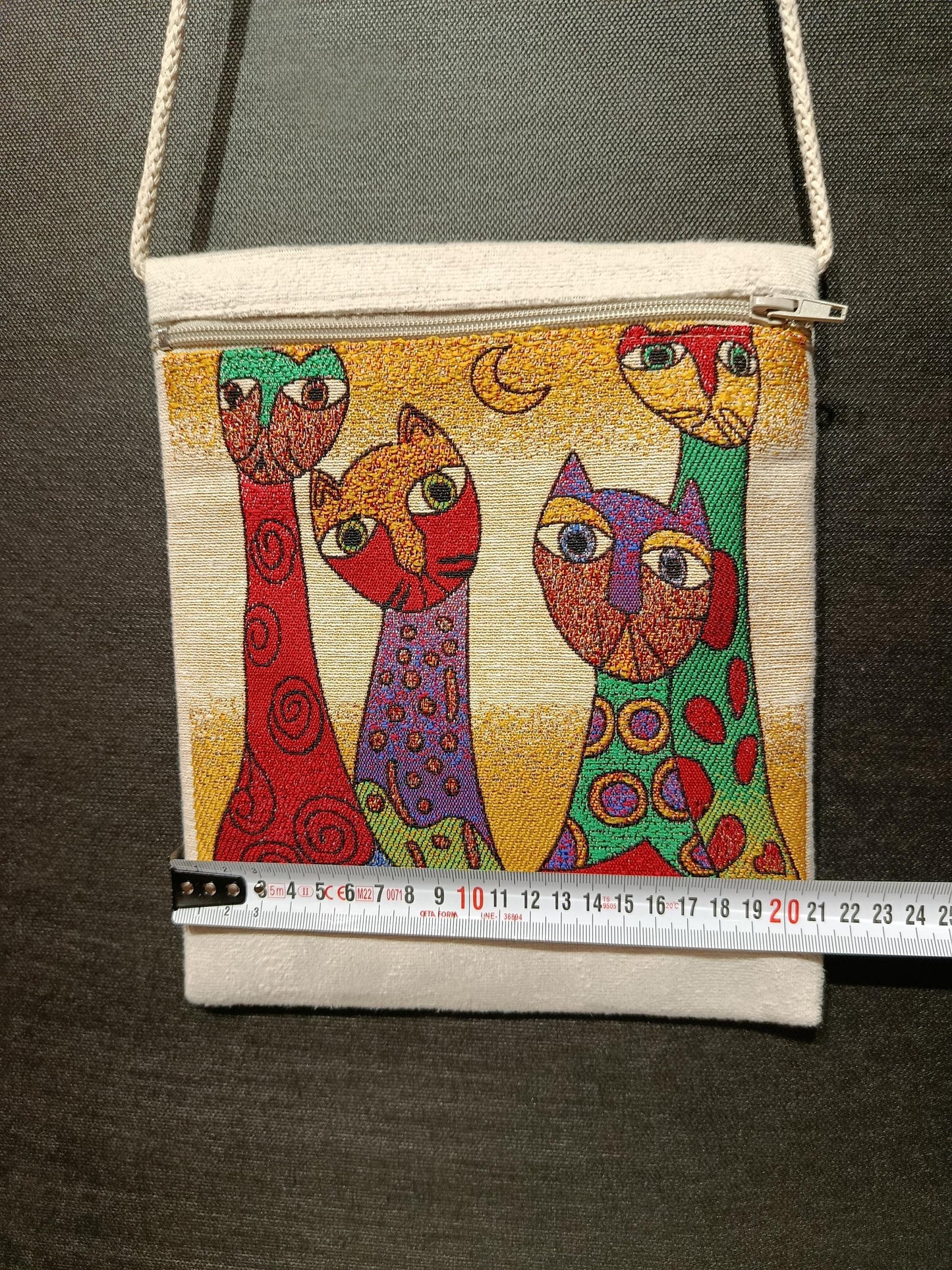 Colorful Cat Tapestry Bag – Abstract Art Crossbody Purse, Handmade 8"x10" Canvas Shoulder Bag
