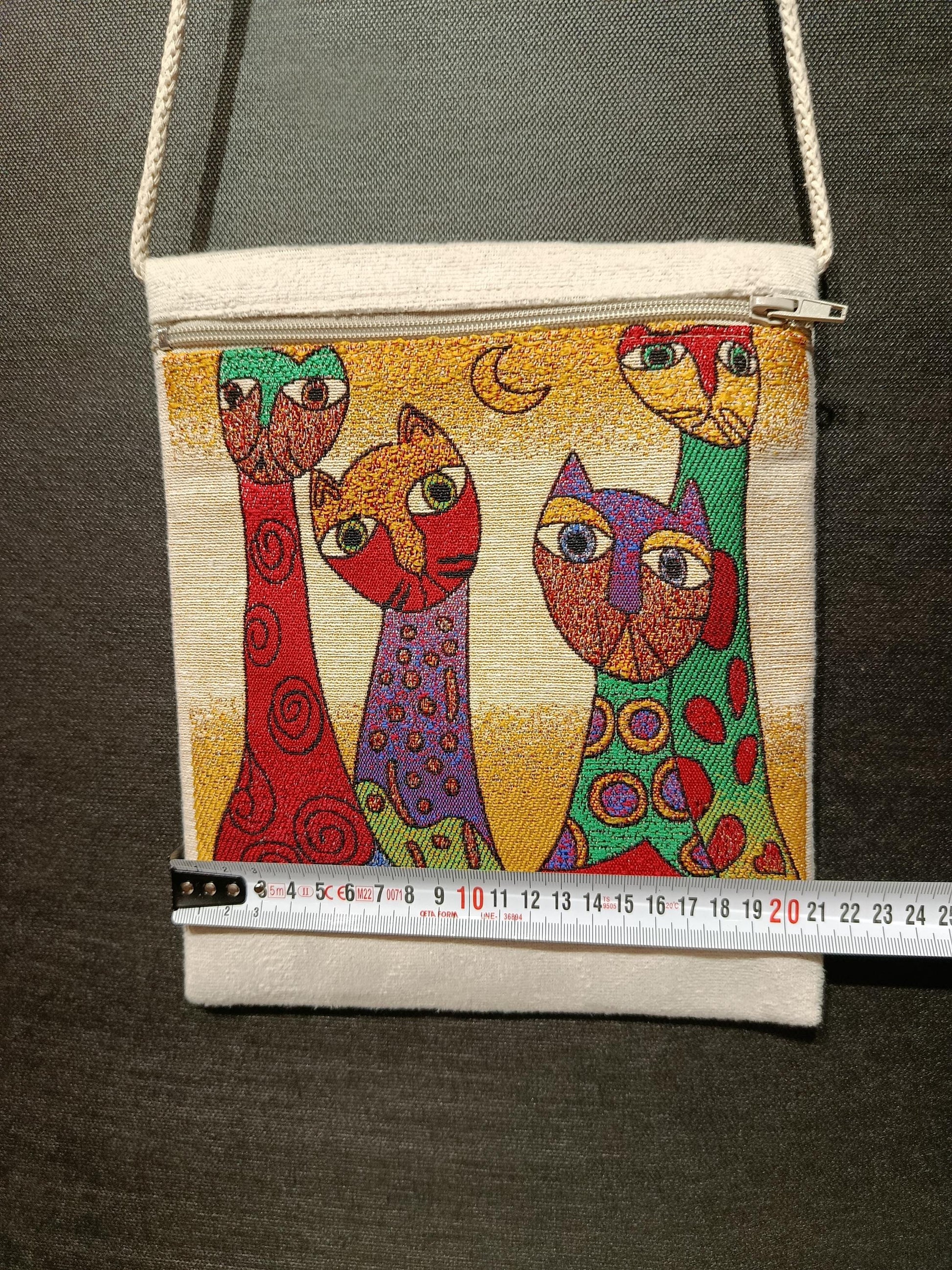 Colorful Cat Tapestry Bag – Abstract Art Crossbody Purse, Handmade 8"x10" Canvas Shoulder Bag