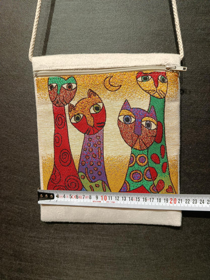 Colorful Cat Tapestry Bag – Abstract Art Crossbody Purse, Handmade 8"x10" Canvas Shoulder Bag