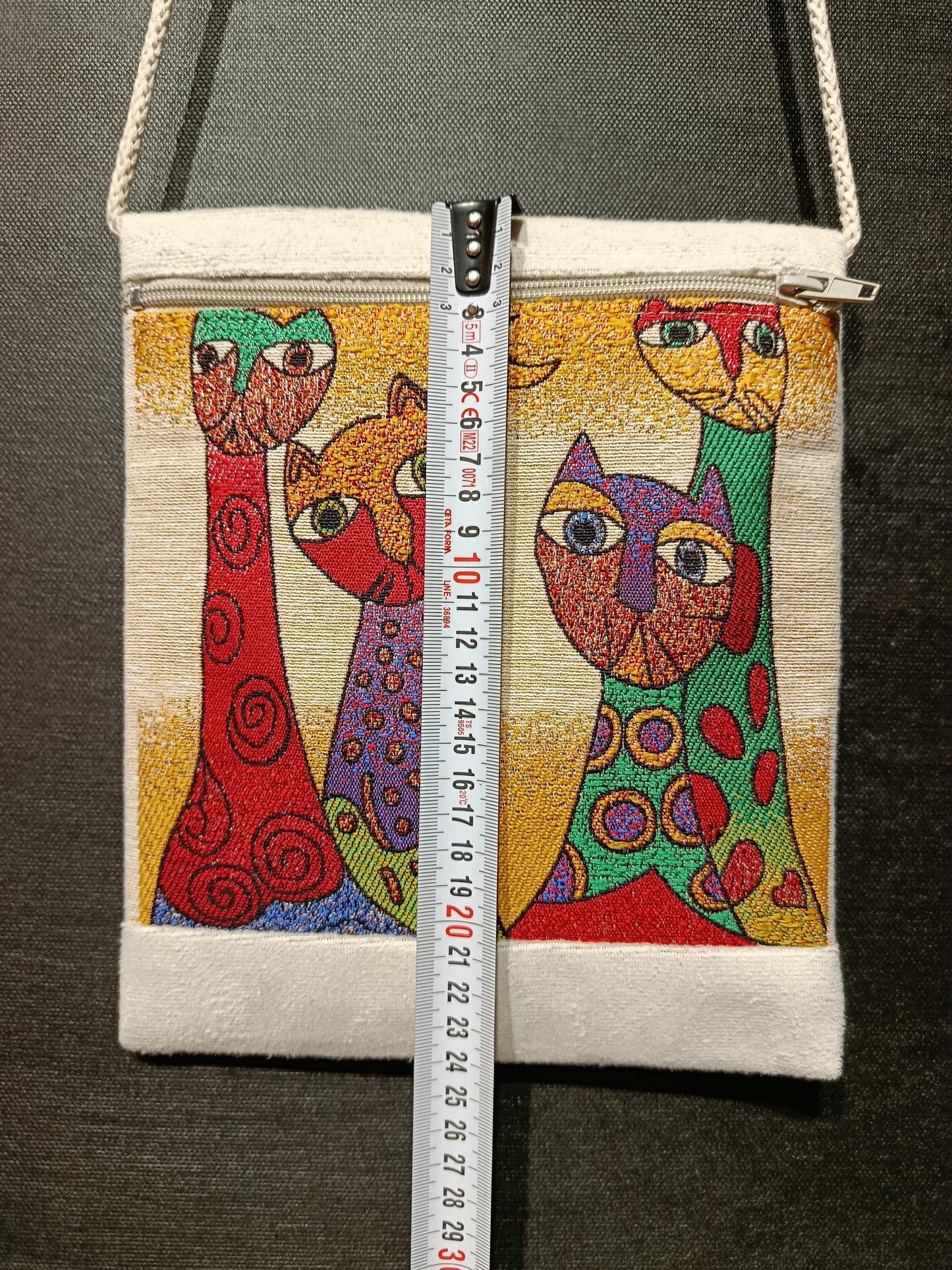 Colorful Cat Tapestry Bag – Abstract Art Crossbody Purse, Handmade 8"x10" Canvas Shoulder Bag