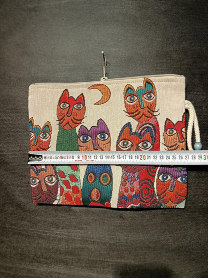 Cat Tapestry Clutch: Handmade Whimsical Feline Purse with Rope Handle