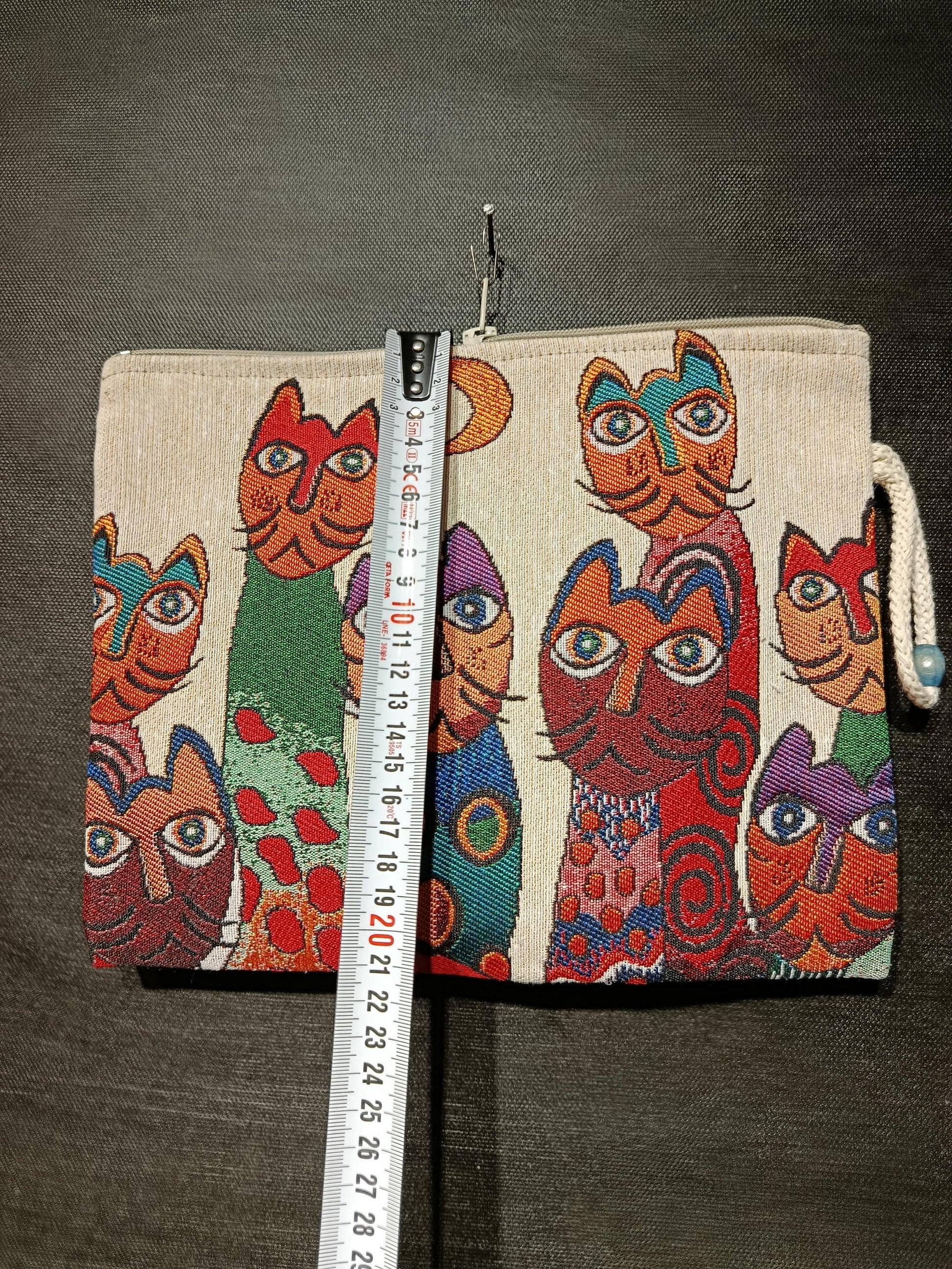 Cat Tapestry Clutch: Handmade Whimsical Feline Purse with Rope Handle