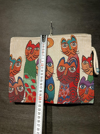 Cat Tapestry Clutch: Handmade Whimsical Feline Purse with Rope Handle