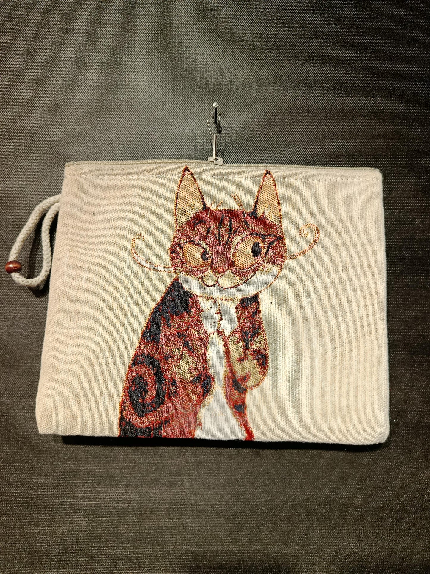 Abstract Cat Tapestry Clutch: Handmade Gobelin Purse with Rope Handle