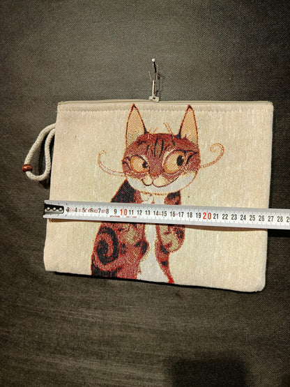 Abstract Cat Tapestry Clutch: Handmade Gobelin Purse with Rope Handle