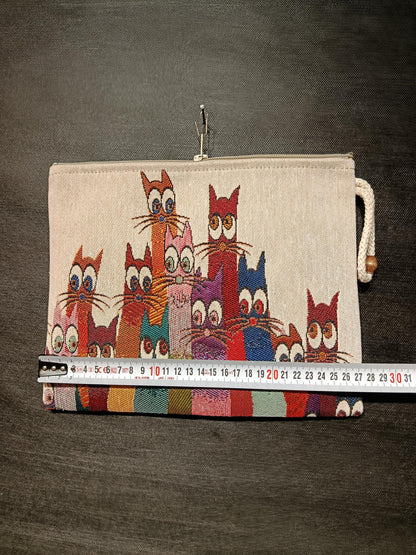 Rainbow Cat Tapestry Clutch: Handmade Turkish Pouch Bag