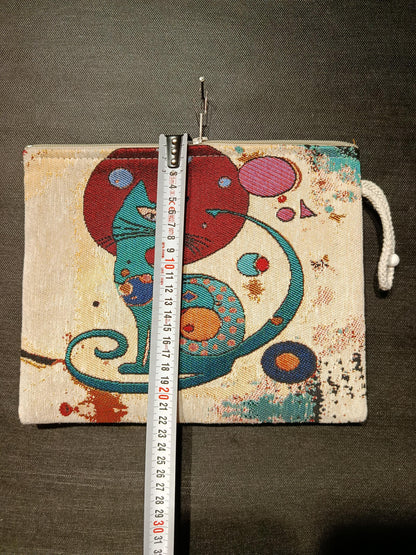 Abstract Cat Tapestry Clutch: Handmade Turkish Gobelin Pouch