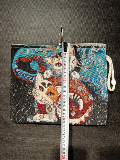 Twin Cat Tapestry Clutch: Handmade Gobelin Pouch with Rope Handle