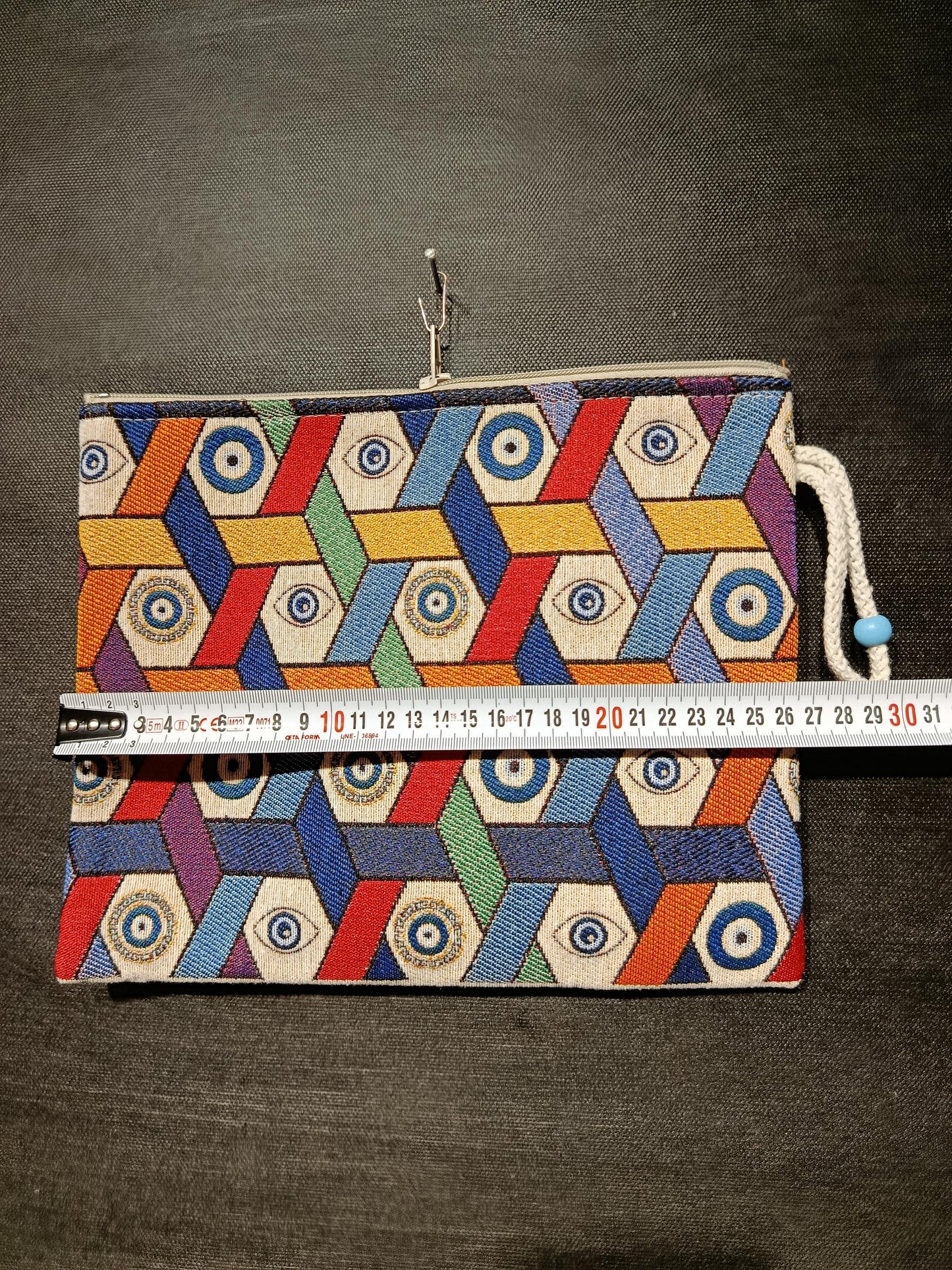 Evil Eye Tapestry Clutch: Geometric Nazar Design, Turkish Zip Pouch