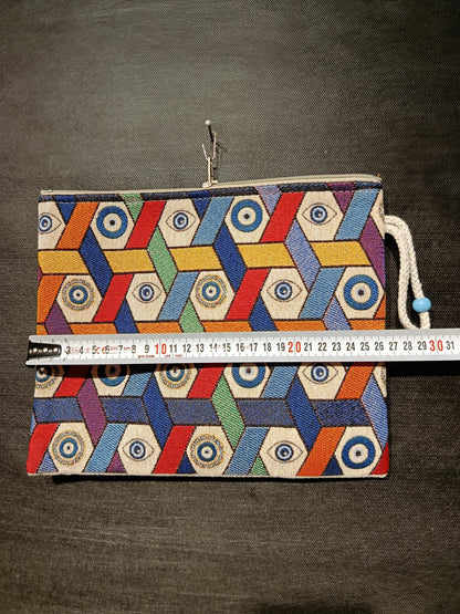 Evil Eye Tapestry Clutch: Geometric Nazar Design, Turkish Zip Pouch