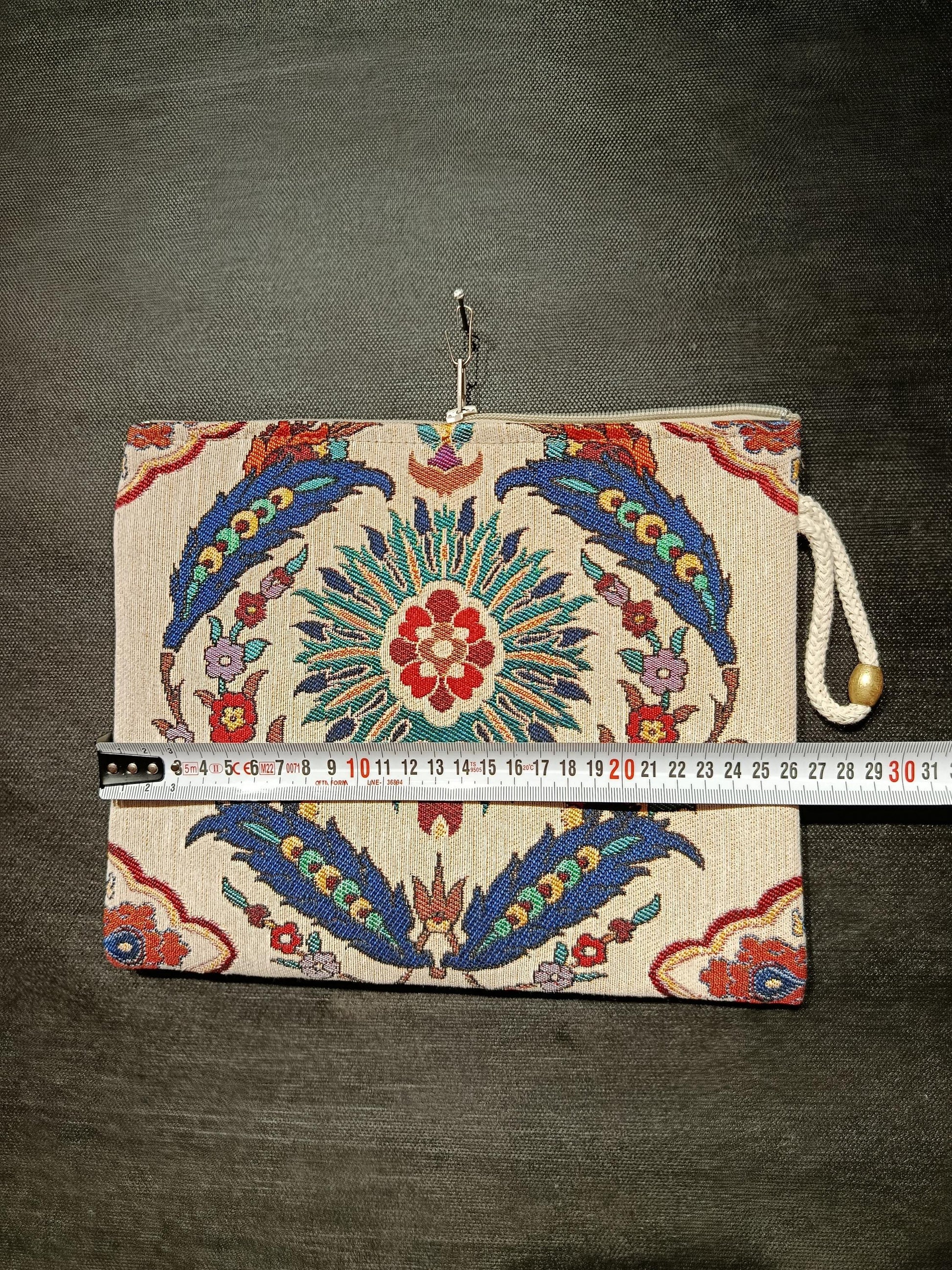 Handmade Turkish Tapestry Clutch: Ottoman Floral Medallion Gobelin Purse
