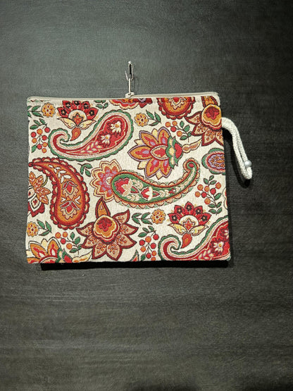 Paisley Floral Tapestry Clutch: Bohemian Zip Pouch, Handmade in Türkiye