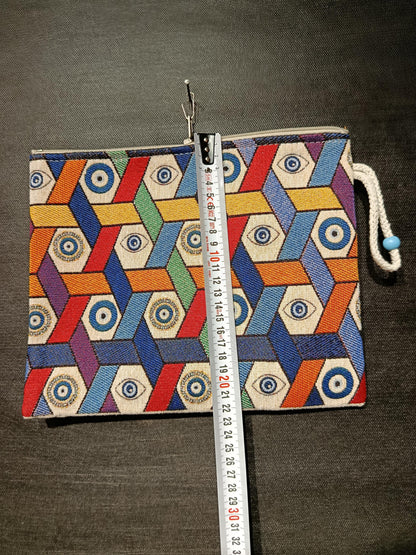 Evil Eye Tapestry Clutch: Geometric Nazar Design, Turkish Zip Pouch