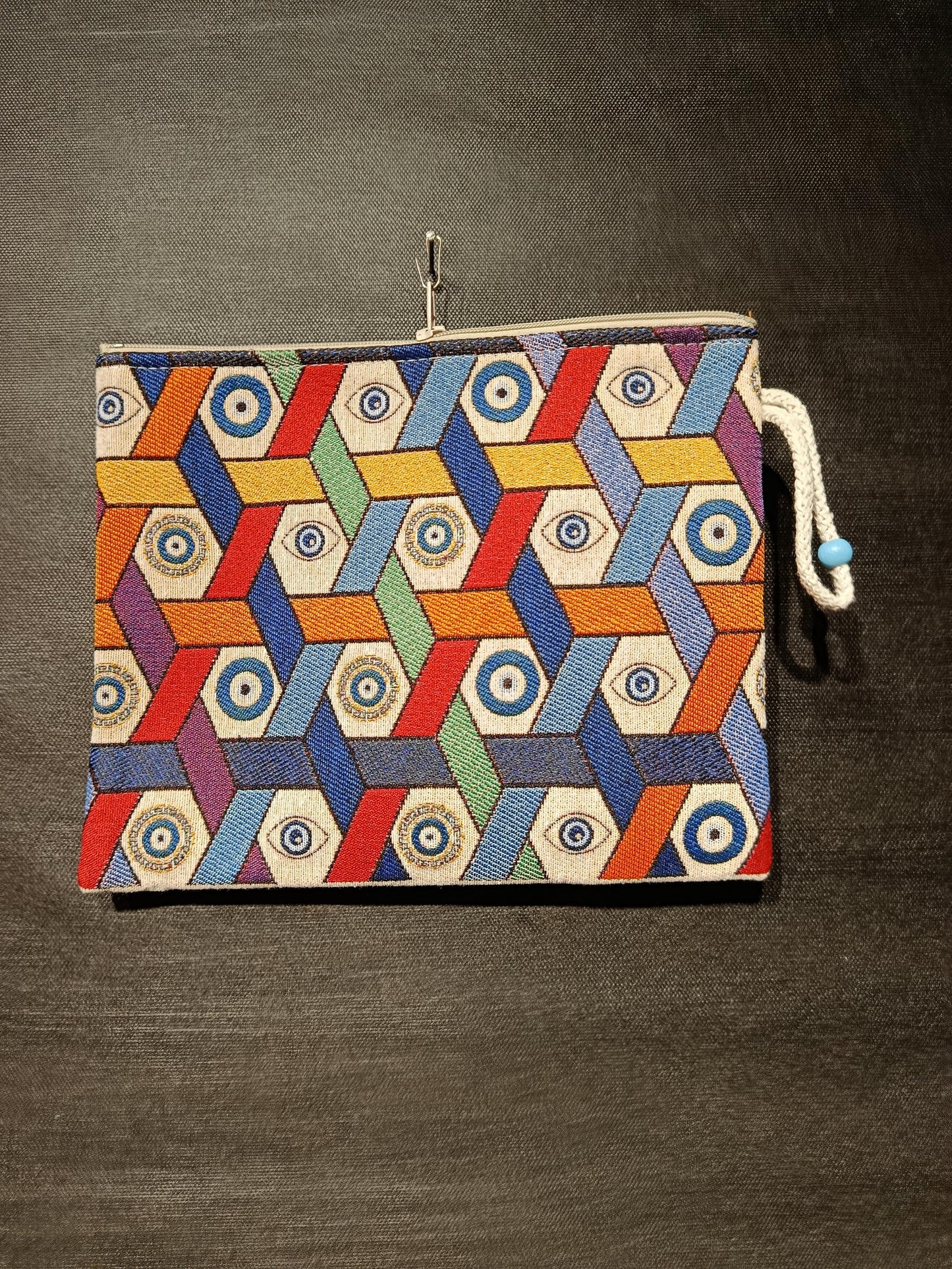 Evil Eye Tapestry Clutch: Geometric Nazar Design, Turkish Zip Pouch