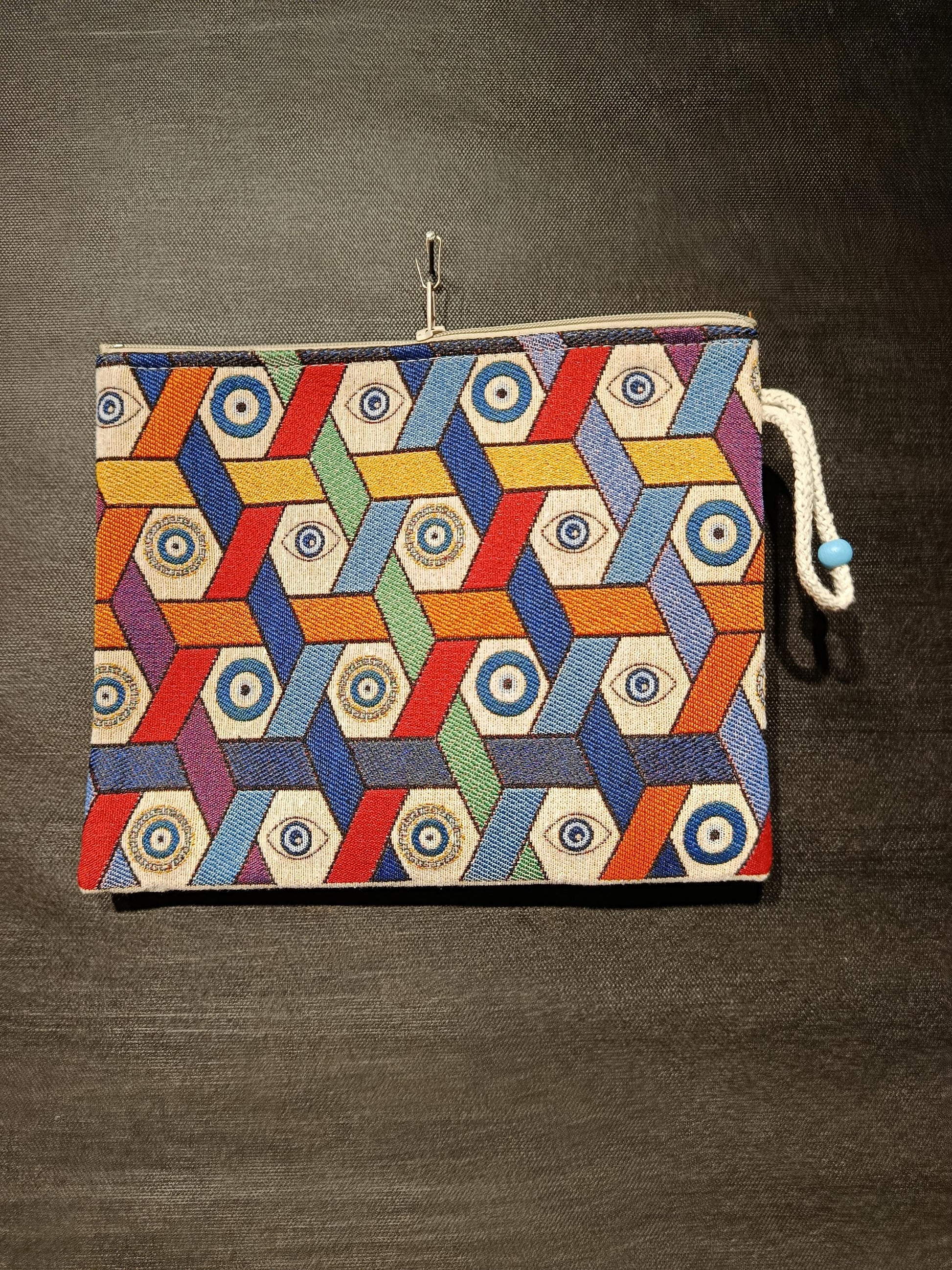 Evil Eye Tapestry Clutch: Geometric Nazar Design, Turkish Zip Pouch