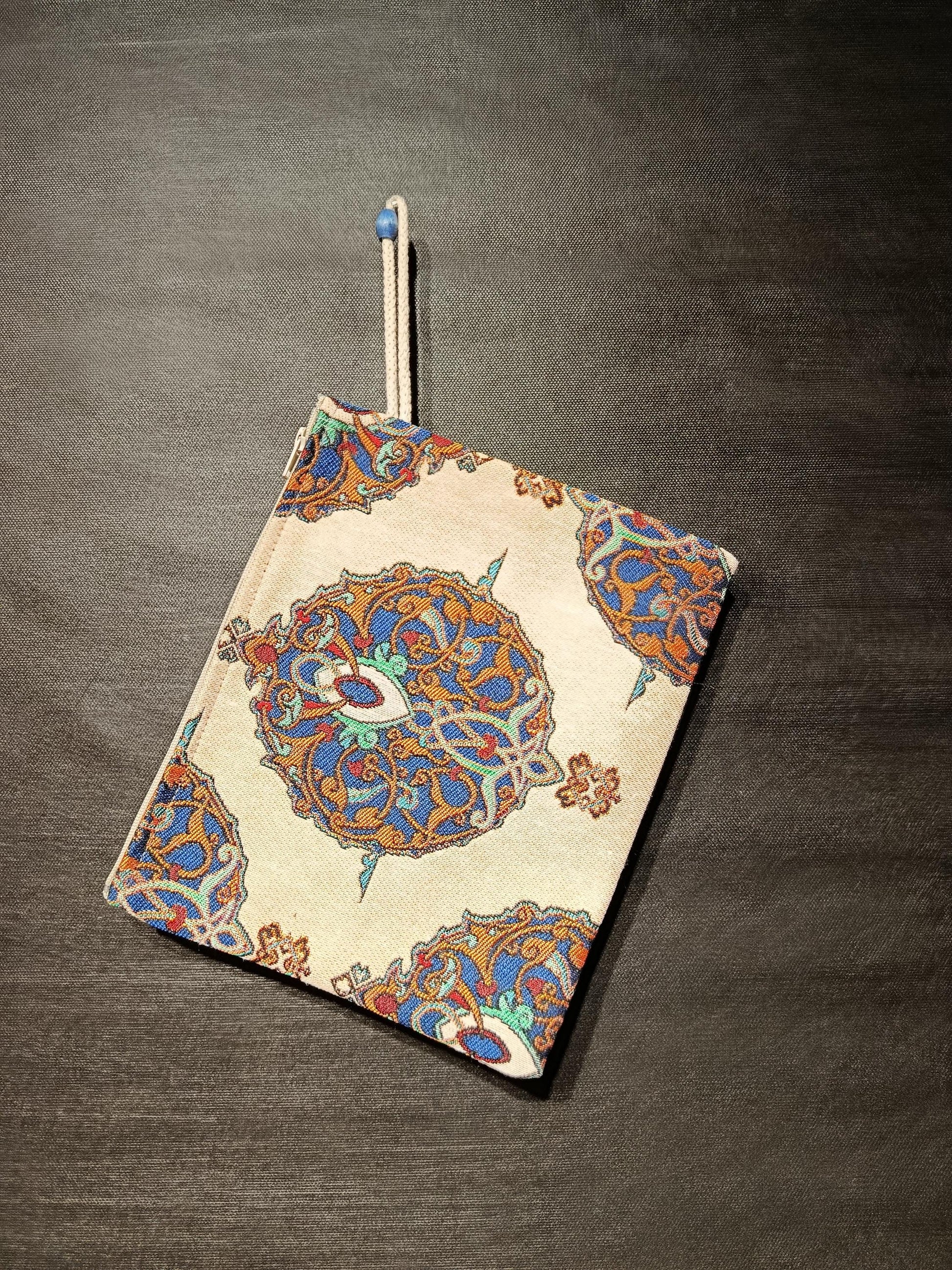 Ottoman Tapestry Clutch: Handmade Turkish Gobelin Pouch with Blue & Gold