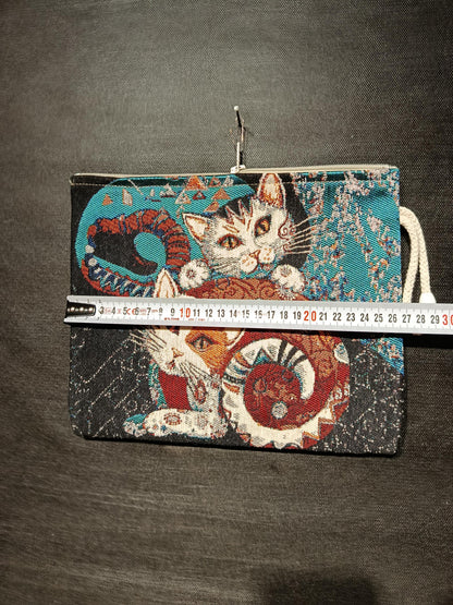 Twin Cat Tapestry Clutch: Handmade Gobelin Pouch with Rope Handle