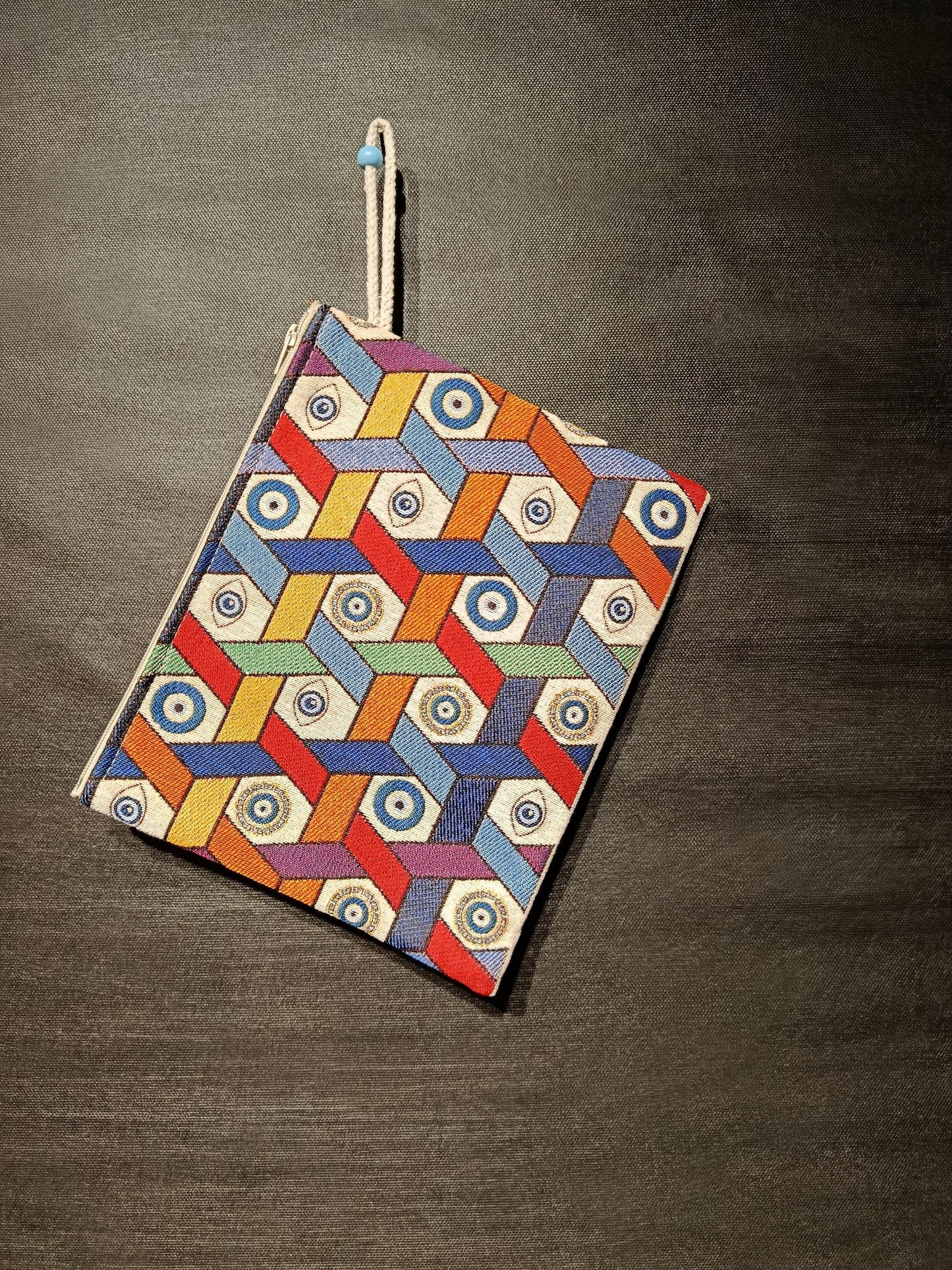 Evil Eye Tapestry Clutch: Geometric Nazar Design, Turkish Zip Pouch
