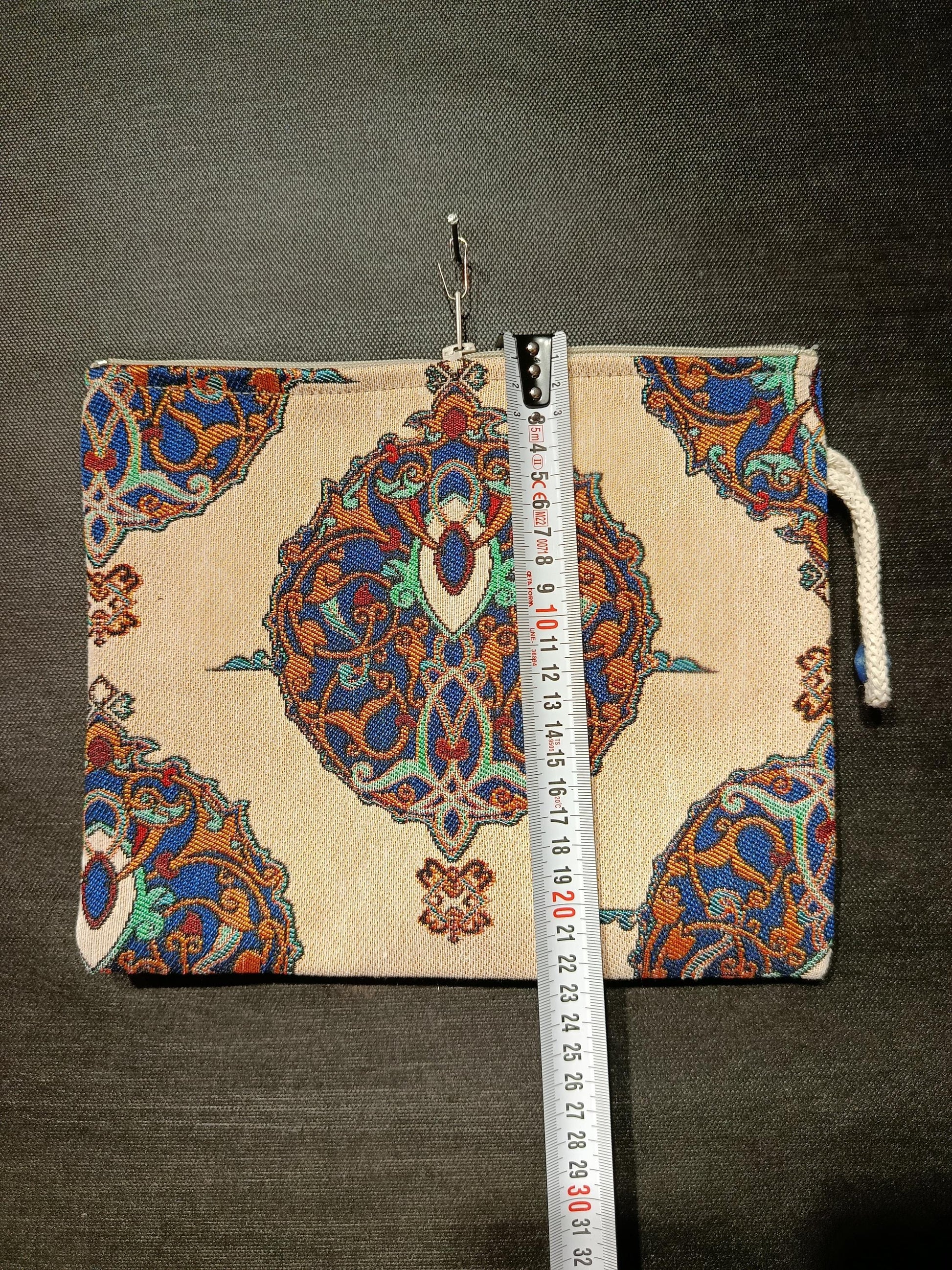 Ottoman Tapestry Clutch: Handmade Turkish Gobelin Pouch with Blue & Gold