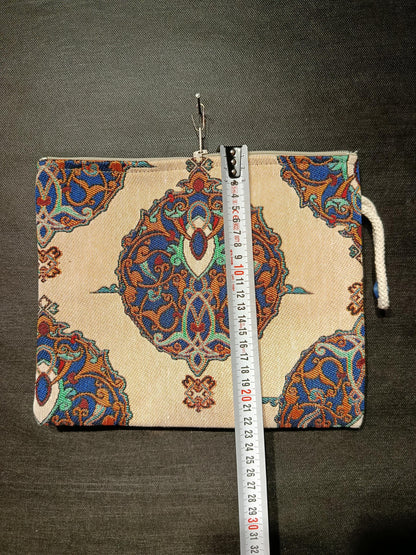 Ottoman Tapestry Clutch: Handmade Turkish Gobelin Pouch with Blue & Gold
