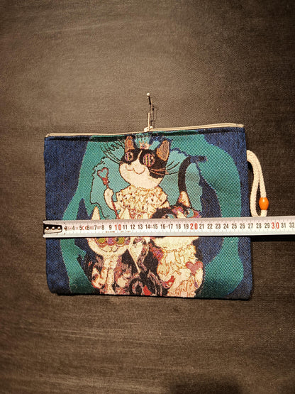 Blue Cat Tapestry Clutch: Turkish Gobelin Zip Bag with Rope Handle