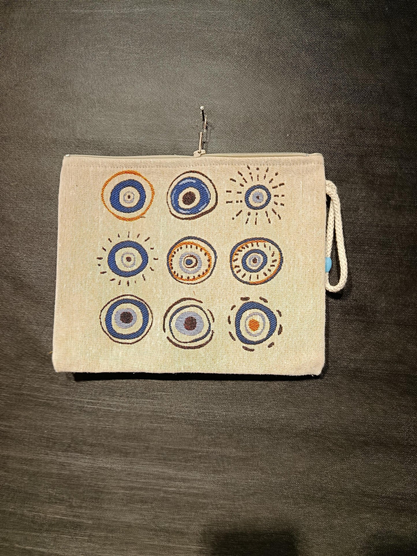 Evil Eye Tapestry Clutch: Handmade Turkish Gobelin Pouch with Rope Handle