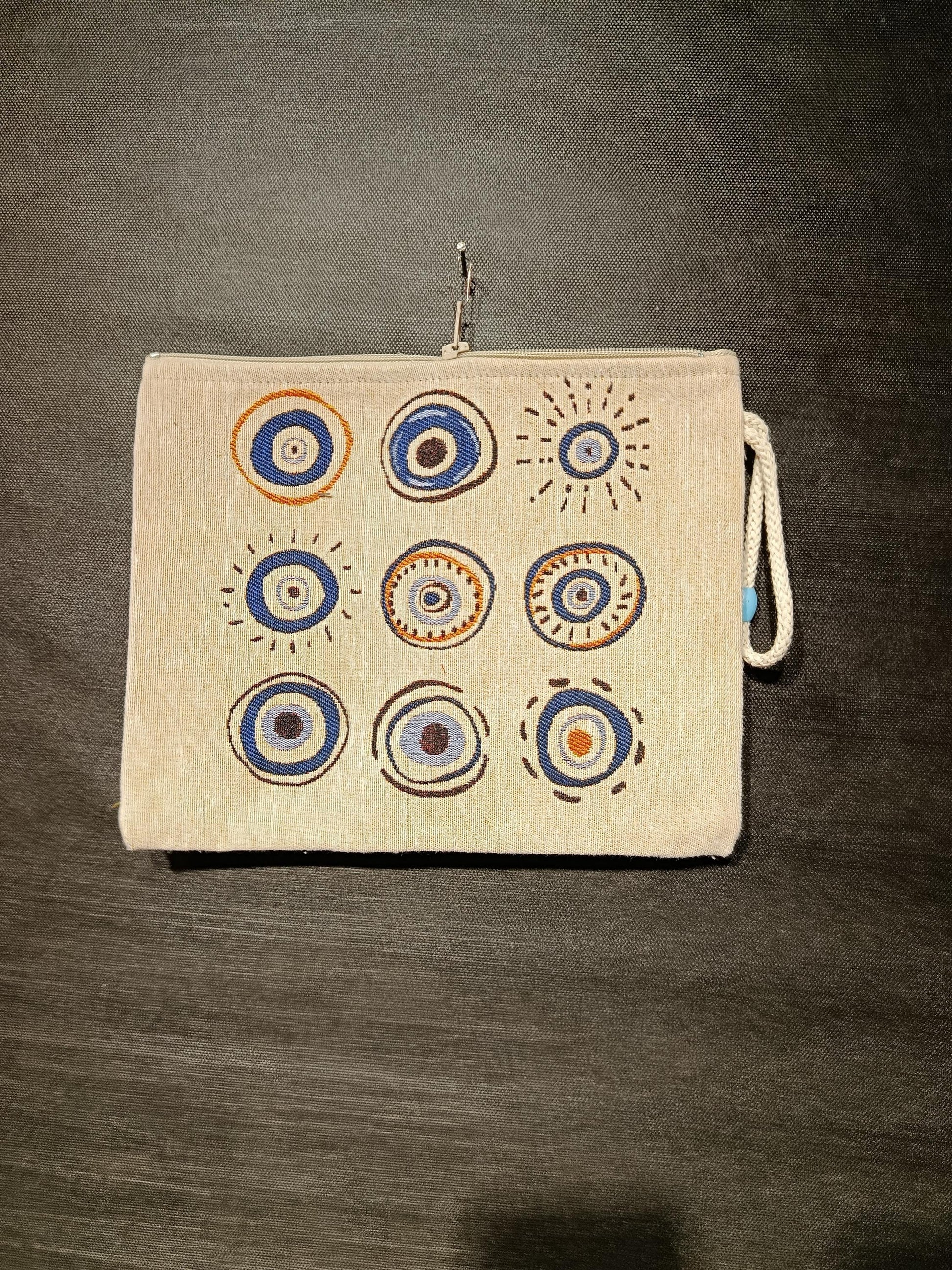 Evil Eye Tapestry Clutch: Handmade Turkish Gobelin Pouch with Rope Handle